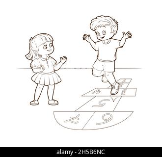 Coloring Book Boy und Girl Jumping spielen hopscotch. Vektor-Illustration im Cartoon-Stil, Schwarz-Weiß-Linienkunst Stock Vektor