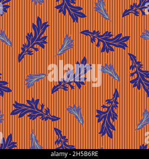 Acanthus Blatt Vektor nahtlose Muster Hintergrund. Kunsthandwerk-Stil handgezeichnete stilisierte Blätter tropischen Blättern und gestreiften neon-orange Indigo Stock Vektor