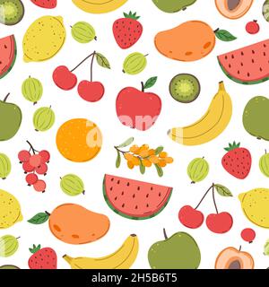 Saftiges Fruchtmuster. Helle Fruchtstruktur, Beeren-Mix-Druck. Frischer, trendiger Vitaminhintergrund, sommerliches, tropisches Essen, exakter Vektor, nahtloser Hintergrund Stock Vektor