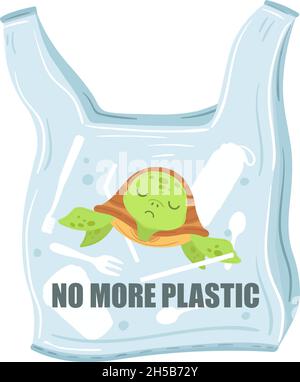 Stoppen Sie die Plastikverschmutzung. Plastiktüten mit Schildkröte innen. Welt und Ozean retten, Müll ökologisches Problem. Verschmutztes Meer exakter Vektor-Poster Stock Vektor