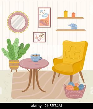 Gemütliche Zimmereinrichtung. Hintergrund zu Hause, moderner Komfort, minimaler Wohnbereich. Nordisches skandinavisches Design, modernes Haus exakte Vektorgrafik Stock Vektor