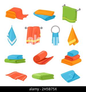 Badetücher aus Stoff. Küchenhandtuch Design, isoliertes weiches Tuch. Rollstapel aus Textil, Decken und Lappen. Hotel- oder Haushaltsvektor: Aktuelle Sammlung Stock Vektor