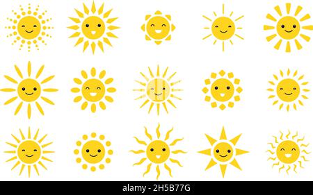 Niedliche Sonnenemoji. Niedliche Sonnen lächeln, lustige Wetter Sonnenlicht Symbole. Isolierte sonnige Gesichter, Sommer Sonnenschein Heizung Smiley Utter Vektor-Sammlung Stock Vektor
