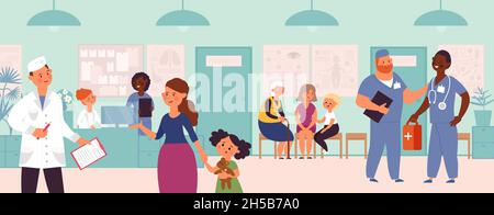 Krankenhausbesuch. Wartelinie, Klinikinnenraum und Patienten. Medizinisches Personal, flacher Arzt an der Rezeption. Menschen in der Medizin anständige Vektor-Illustration Stock Vektor