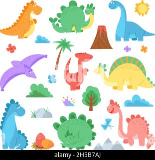 Cartoon-Dinosaurier. Niedliche Farben Dino, Dinosaurier Wildtiere. Predator lustige Charaktere. Kindliche Drachen Vulkan Palmen anständige Vektor-Set Stock Vektor