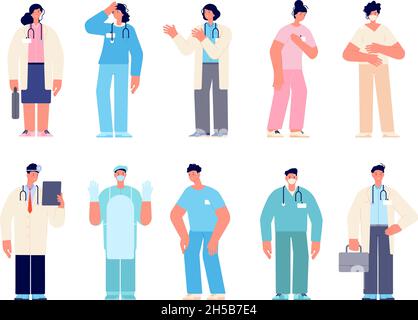 Unterschiedliche medizinische Merkmale. Mann Ärzte Krankenschwester, Arzt mit Maske. Cartoon Zahnarzt, männliche Chirurgen. Krankenhaus weibliche Arbeit, intern Utter Vektor-Set Stock Vektor