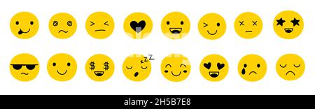 Niedliche gelbe Emoticons. Isolierte Emoticon- und Emoji-Zeichen in sozialen Medien. Traurig wütend glücklich Ausdrücke, Emotionen Reaktionen genaue Vektor-Set Stock Vektor