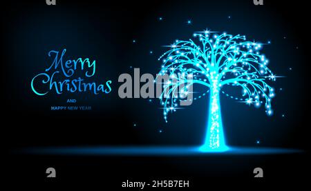 LED-Elektrobaum. Weihnachtsdekor von Städten und Straßen. Neon auf dunklem Hintergrund. Frohes neues Jahr. Vektor. Stock Vektor