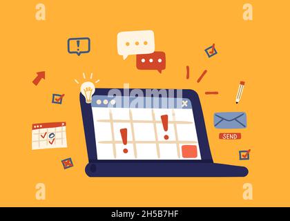Laptop mit Benachrichtigungen. Wichtige Meldung, Computerkalender auf Monitor. Aufmerksamkeitshinweise online, Briefe, Arbeitsaufgaben. Cartoon-Abstract Stock Vektor