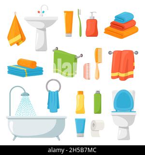Badezimmerzubehör. Spa-Hygieneartikel, Waschbecken Handtuch Badewanne. Körperpflegeelemente, Cartoon Seife Zahnbürste Shampoo und Deodorant jüngsten Vektor-Set Stock Vektor