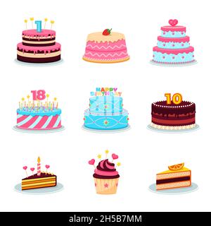 Geburtstagskuchen-Set. Partykuchen, Jubiläumskerzen Cupcake. Hausgemachte Feier Creme Essen, flache Party Dekoration neuen Vektor-Elemente Stock Vektor