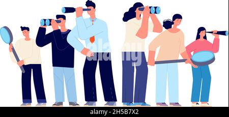 Geschäftsleute, die Erfolg haben. Corporate Person Suche Herausforderung, Mann Frau mit Fernglas. Finden Sie eine Idee oder träumen Sie ein totes Vektorkonzept Stock Vektor