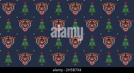 Strick Ornament mit Tiger und Weihnachtsbaum Stock Vektor