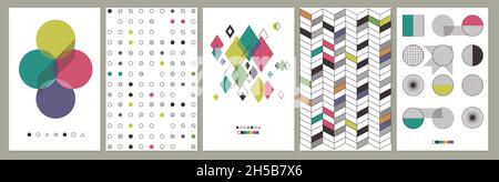 Moderne Einband-Vorlage. Abstraktes Design, rundes Dreieck buntes Mosaik. Schweizer Modernismus-Stil, vintage Vektor Banner Hintergrund Stock Vektor