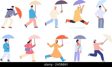 Menschen mit Regenschirm. Herbstregen Regenschirme, Frau zu Fuß Regentag. Person in gelber Regenjacke, isolierte Cartoon-Erwachsene auf Straße Utter Vektor-Set Stock Vektor