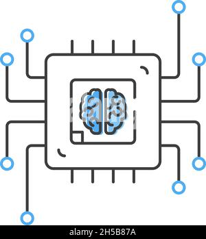 Menschliches Gehirn in einem CPU-Computerchip. KI oder Künstliche Intelligenz Konzept. Flaches Design-Symbol. Isoliert. Stock Vektor