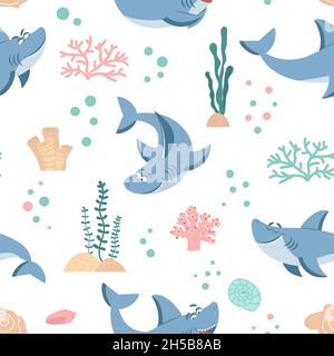 Haie-Muster. Nahtloses Haifischmuster, niedliche Meeresfisch-Verpackung. Marine Leben Kinder Hintergrund, Strandtuch oder Tapete anständige Vektor-Textur Stock Vektor