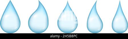 Wassertropfen. Blaue Symbole für den Feuchtigkeitsabfall. Realistische reine Tropf, fallende Aqua-Elemente. Klarer Tropfen, tropfender Regentropfen-Vektorsatz Stock Vektor