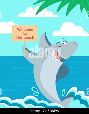Cartoon-Hai-Poster. Haie Typografie, Kinderdrucke oder Babybuchcover. Niedliche Strandgrafiken, Sommerurlaub. Ocean Tier anständigen Vektor-Banner Stock Vektor