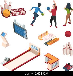 Bowling-Sport. Isometrische Kugeln Kegeln Spiel spezifische Schuhe Boden für Bowling Menschen spielen Vektor-Set Stock Vektor