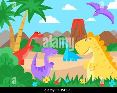 Prähistorische Landschaft. Cartoon Dinosaurier Natur Spaziergang, jurassic niedlichen Monster. Baby Dino Tiere im Dschungel und aktiven Vulkan anständige Vektor-Szene Stock Vektor