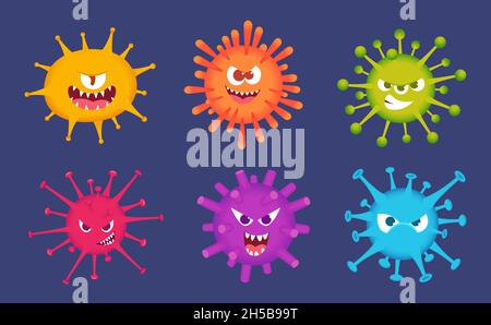 Niedliche Cartoon-Viren. Bakterien emotionale Gesichter Angst Emoticons Teufel Spielzeug Biologie bunte Virus genaue Vektor-Illustrationen Stock Vektor