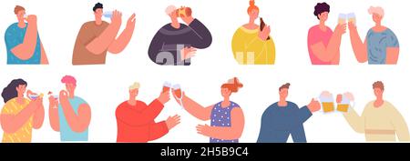 Freunde klirren Gläser. Menschen, die Getränke halten, jubeln Bier oder Weinglas an. Trinkfeier, flache Teens feiern Geburtstag Utter Vektor-Zeichen Stock Vektor