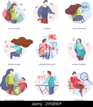 Niesen Allergien. Krankheit Zeichen Saison medizinische Atemprobleme Vektor grellen flachen Bildern Stock Vektor