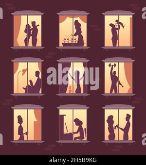 Silhouette in Fenstern. Menschen in der Nacht zu Hause Beleuchtung in Haus Wohnung Vektor Silhouetten Stock Vektor