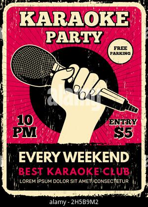 Karaoke-Party-Poster. Music Club Plakat mit Mikrofon Silhouetten aktuellen Vektor-Flyer-Vorlage Stock Vektor