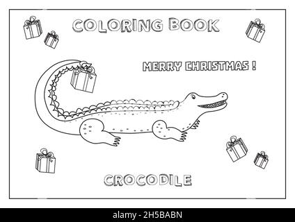 Kinder Malbuch Frohe Weihnachten! Mit Krokodil und Geschenken. Schwarz und Weiß, in Vektor gemacht. Stock Vektor