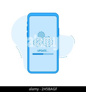 Aktualisierung der Systemsoftware, Datenaktualisierung oder Synchronisierung mit Fortschrittsbalken auf dem Bildschirm. Vektorgrafik. Stock Vektor