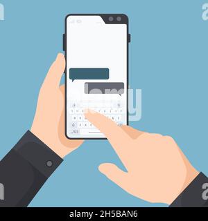 Smartphone in den Händen. Mann hält Telefon und tippen in Web-Chat auf dem Bildschirm senden Nachrichten grellen Vektor-Tastatur Stock Vektor
