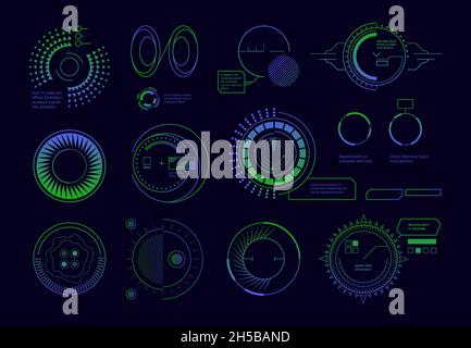 Satelliten-hud-ui. Circle Radar futuristische digitale Vorlagen Armee Ziel Navigation Display Scanner Bildschirm Vektor gesetzt Stock Vektor