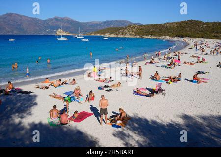 FRANKREICH, KORSIKA ( 2B ), SAINT FLORENT, DER STRAND VON LODU IM AUGUST IN DER WÜSTE VON AGRIATES Stockfoto