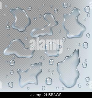 Pfützen realistisch. Draufsicht Flüssigkeitstropfen und Pfützen Spritzer Illustrationen für nasse Umgebung Stock Vektor