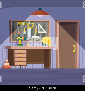 Workshop-Raum. Garage Innenraum mit Reparaturwerkzeugen an Wand Hammer Säge Farbe Werkbank grellen Vektor Cartoon Illustrationen Stock Vektor