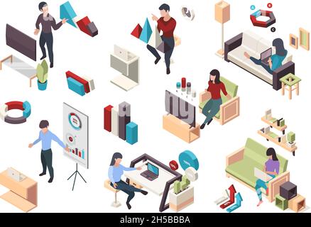 Online arbeiten. Live-Video-Streaming mit Remote-Office-Mitarbeiter Web-Konferenz Geschäftsmann digitale Personen Webinar grellen Vektor isometrische Sammlung Set Stock Vektor