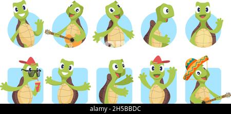 Cartoon Schildkröten Avatare. Grüße Tier, Schildkröte sagen Hallo. Niedliche Portfolio Bild, lustige Kinder Vektor-Aufkleber gesetzt Stock Vektor