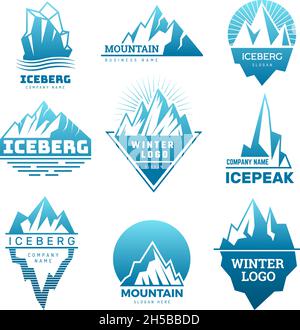 Berglogo. Abzeichen mit Eisfelsenbildern Eisberg auf dem Nordpol antarktisches Schneewetter stilisierte jüngste Vektor-Geschäftssymbole Stock Vektor