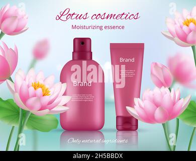 Plakat mit kosmetischen Anzeigen. Schöne Lotusblumen mit Paketen von Beauty-Kosmetik-Produkte anständigen Vektor realistischen Hintergrund Stock Vektor