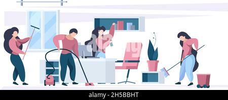 Büroreinigung. Arbeiter Waschen und Reinigen Geschäft offenen Raum Innenraum grellen Vektor Hintergrund Stock Vektor