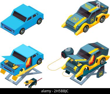 Autoreparatur. Kfz-Mechaniker Ausrüstung Werkstatt Aufzüge für Fahrzeuge grellen Vektor isometrische Illustrationen Stock Vektor