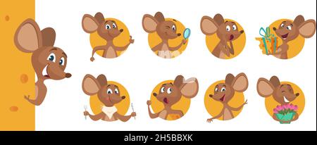 Niedliche Maus Avatare. Peeking Tier, glücklich hungrig traurig emotionale Cartoon Ratte Vektor-Charakter Stock Vektor