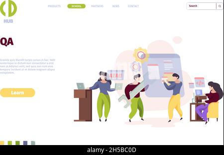 QA-Zielseite. Web App Test Software Programmierung Fehler beheben Online-Prototyp grellen Vektor-Vorlage Stock Vektor