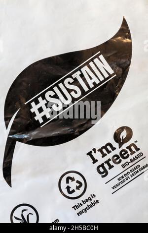 #Sustain I'm Green bio-based 50% bio-based verifiziert durch ASTM D6866 - Informations-Logo-Symbol auf Verpackungsbeutel, recycelbare Verpackung Stockfoto