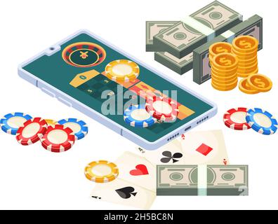 Online-Casino. Isometrisches Konzept mobiles digitales Glücksspiel Geld für Gewinner Smartphones grellen Vektor-Illustrationen Stock Vektor