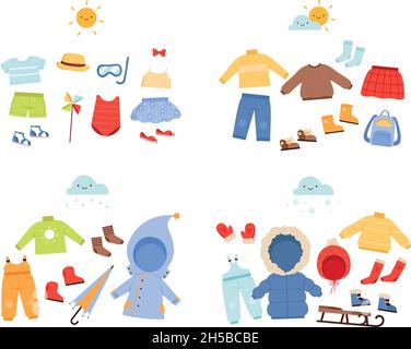 Kleiderschrank in der Saison. Lässige Kleidung für verschiedene Wetterbedingungen Hosen Jacken Caps und Schal nowaday Vektor-Bilder Stock Vektor