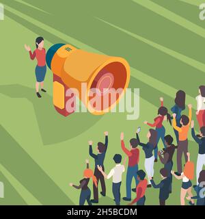 Crowd-Ansage. Business Talk Promoter oder Politiker sprechen mit Kunden über Marketing-Verkäufe oder kündigen an, dass Personen in Lautsprecher grish brüllen Stock Vektor