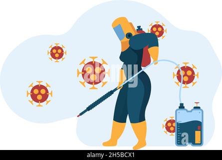Covid desinfiziert Arbeiter. Sicherheitskonzept professioneller Reinigungsservice, der in einer einheitlichen Maske aufliegt Stock Vektor